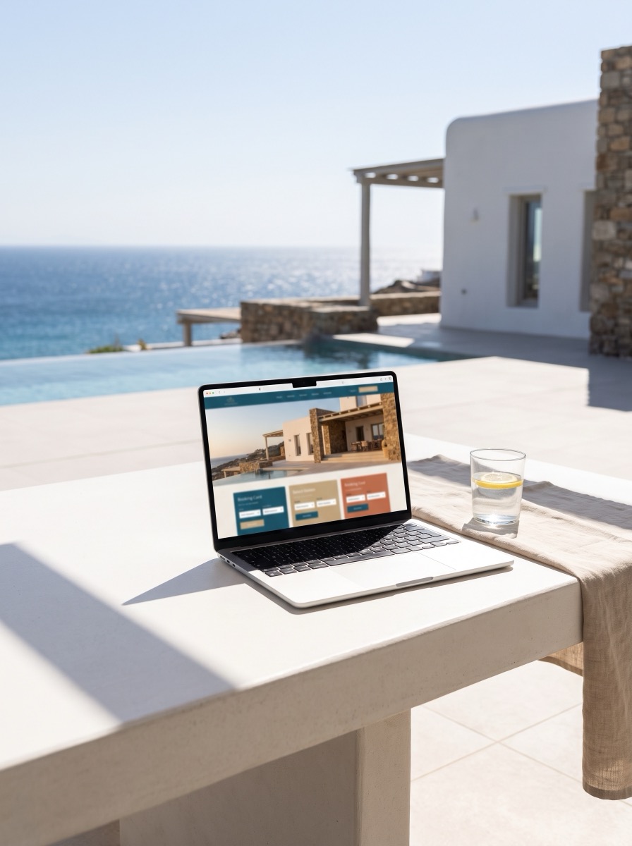 Web para negocios de Ibiza abierta en un portátil sobre una mesa con vistas al mar