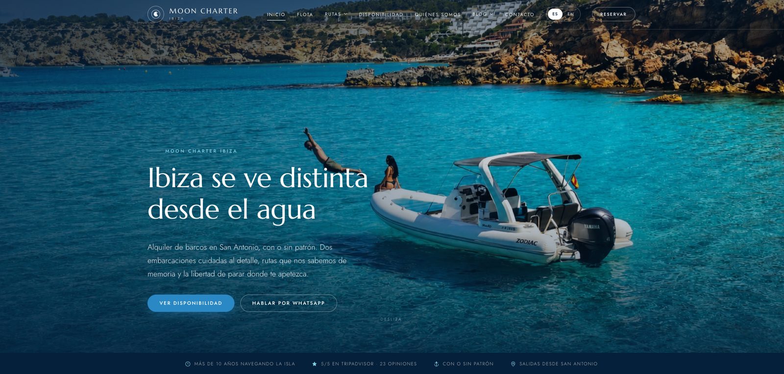 Web de Moon Charter, alquiler de barcos en Sant Antoni