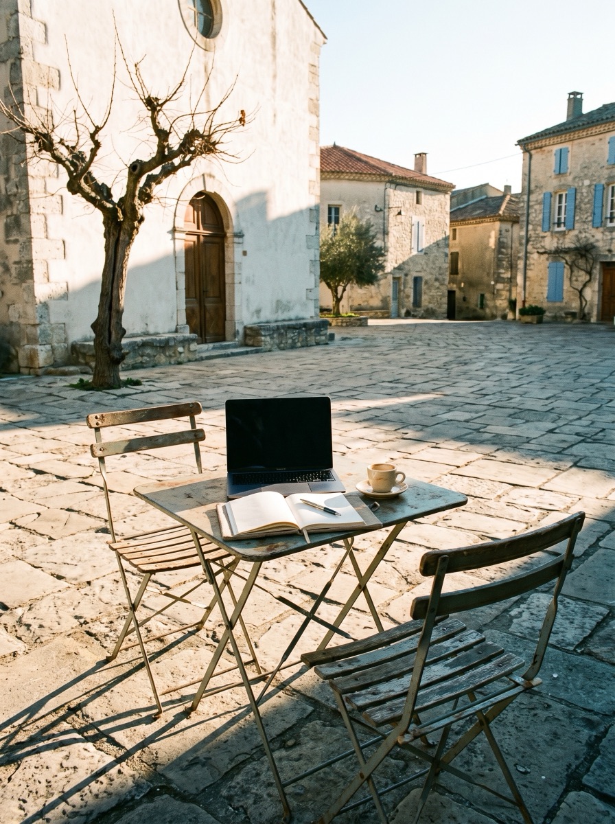 Portátil y libreta sobre una mesa en la plaza de un pueblo de Ibiza al amanecer