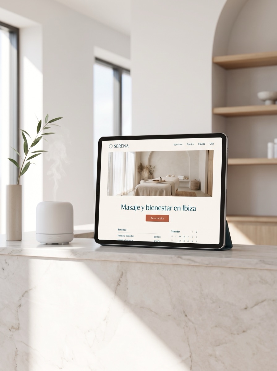 Web del centro de bienestar Serena en una tablet, junto a una sala de masaje encalada