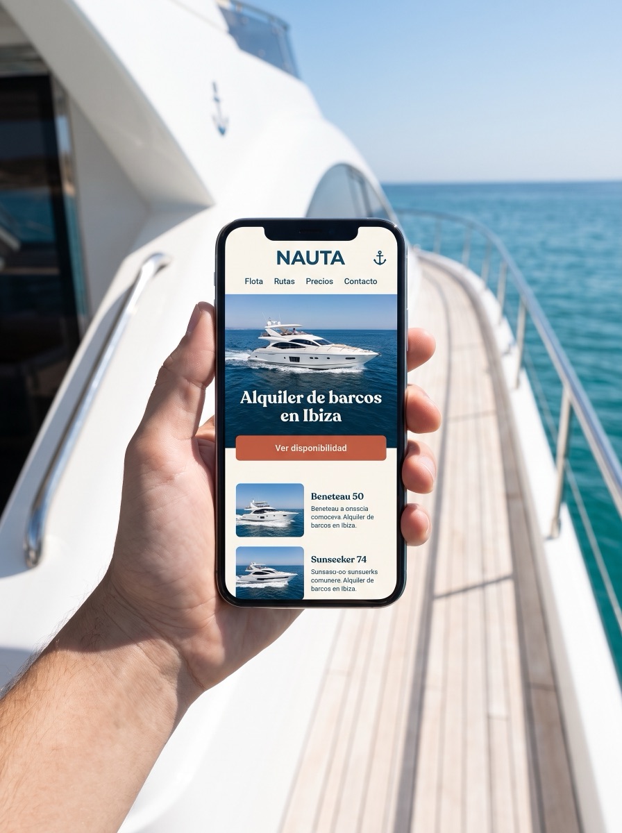 Web de alquiler de barcos Nauta en un móvil, con un yate de fondo