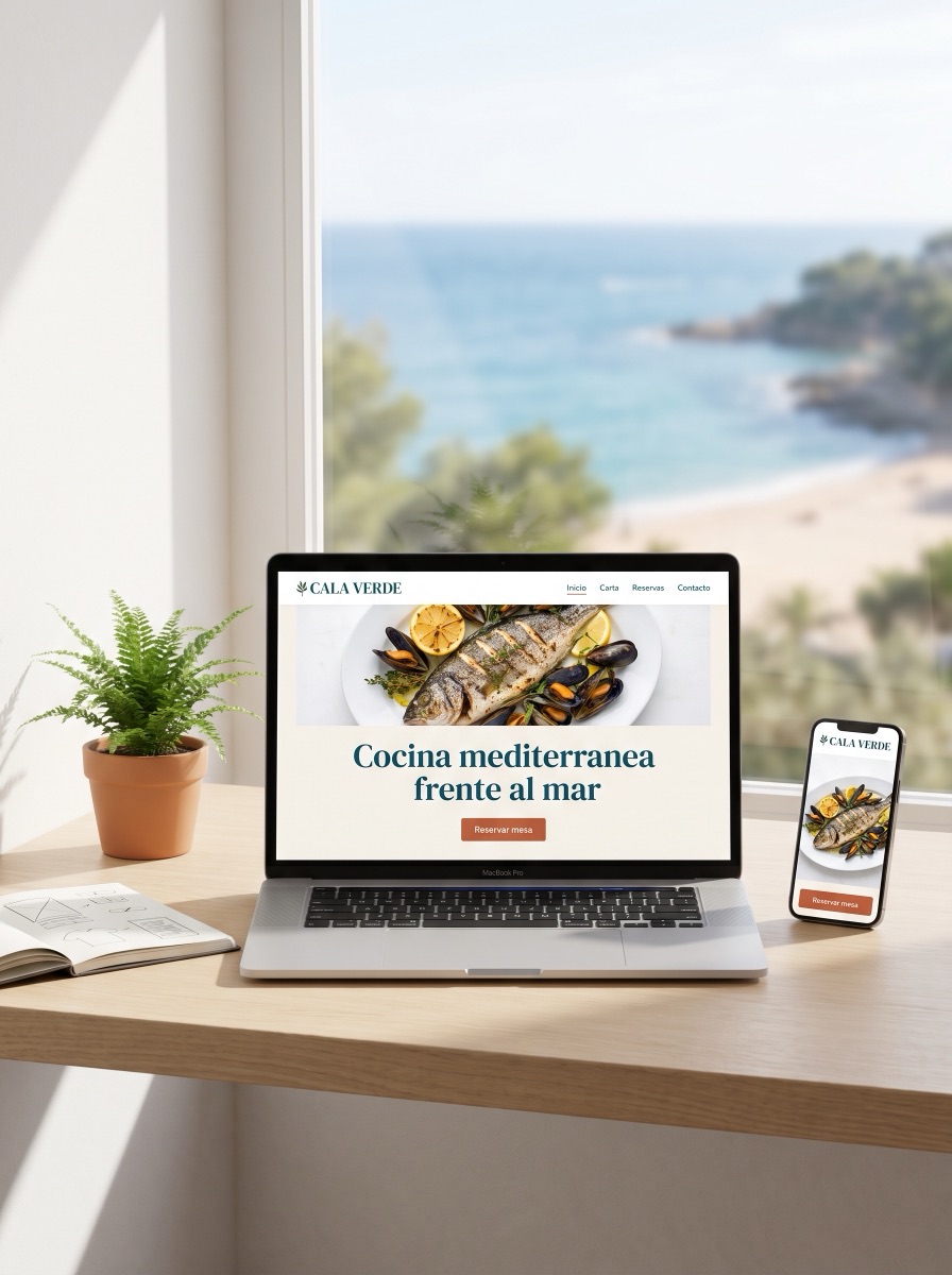 Web del restaurante Cala Verde abierta en portátil y móvil, con vistas al mar