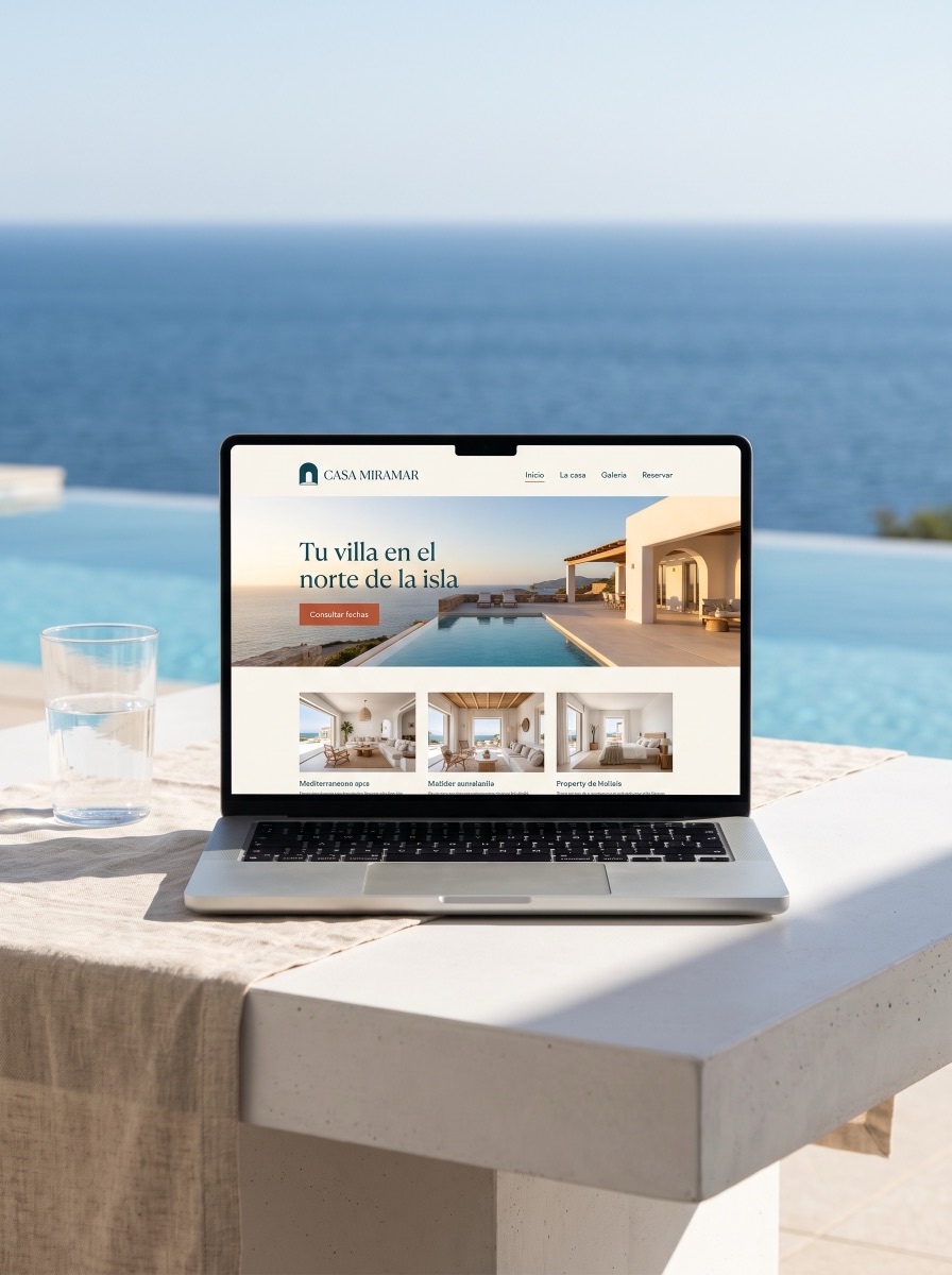 Web de la villa Casa Miramar en un portátil junto a la piscina, con vistas al mar